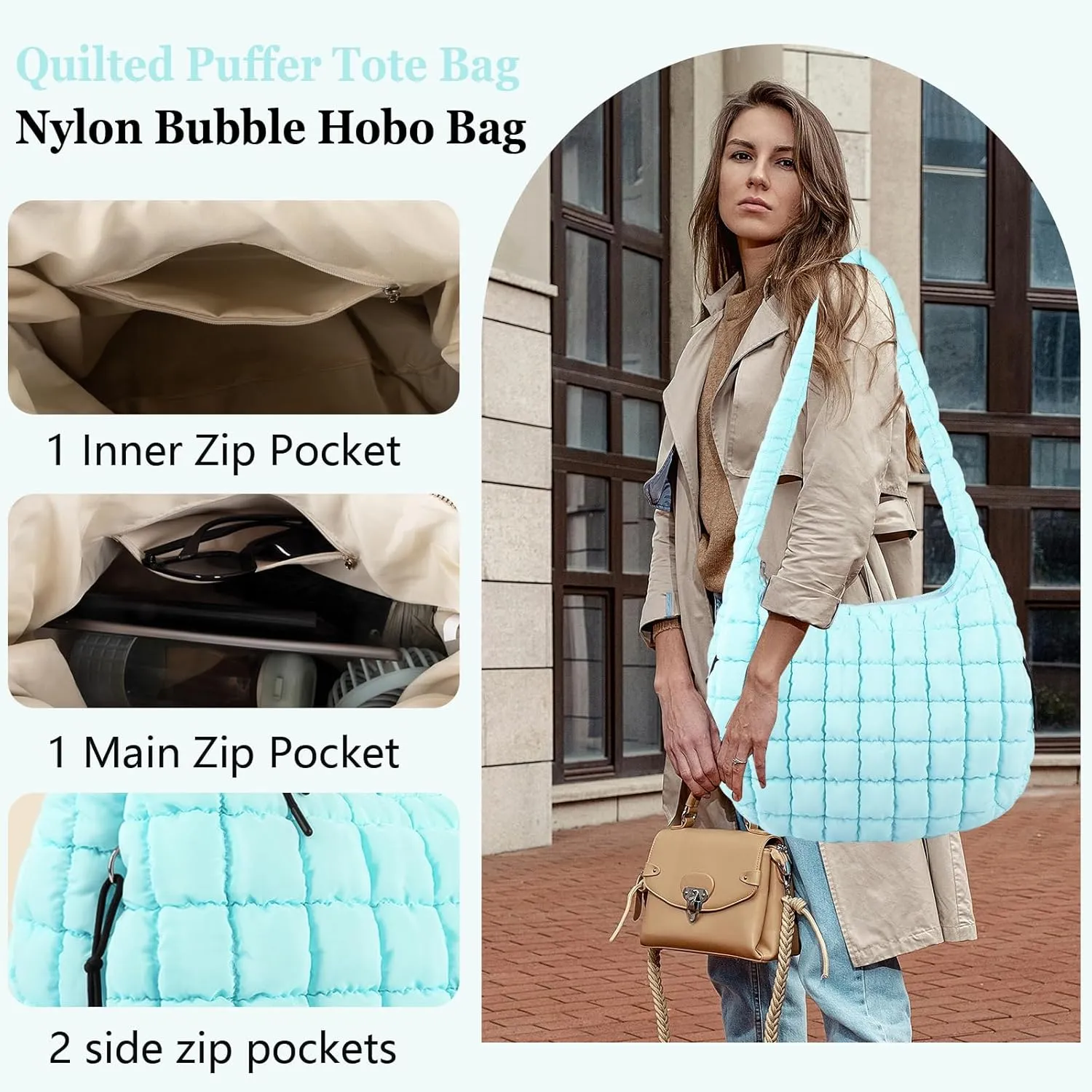 Quilted Puffer Tote Bag Large Crossbody Shoulder Bag with Zipper, Nylon Bubble Hobo Handbag Carryall Bag for Women