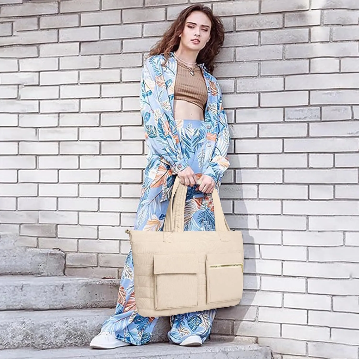 Quilted Tote Bag for Women, puffy Shoulder Bag Handbag for Travel, Large Puffer Tote Bag with Pockets Lightweight Work bags