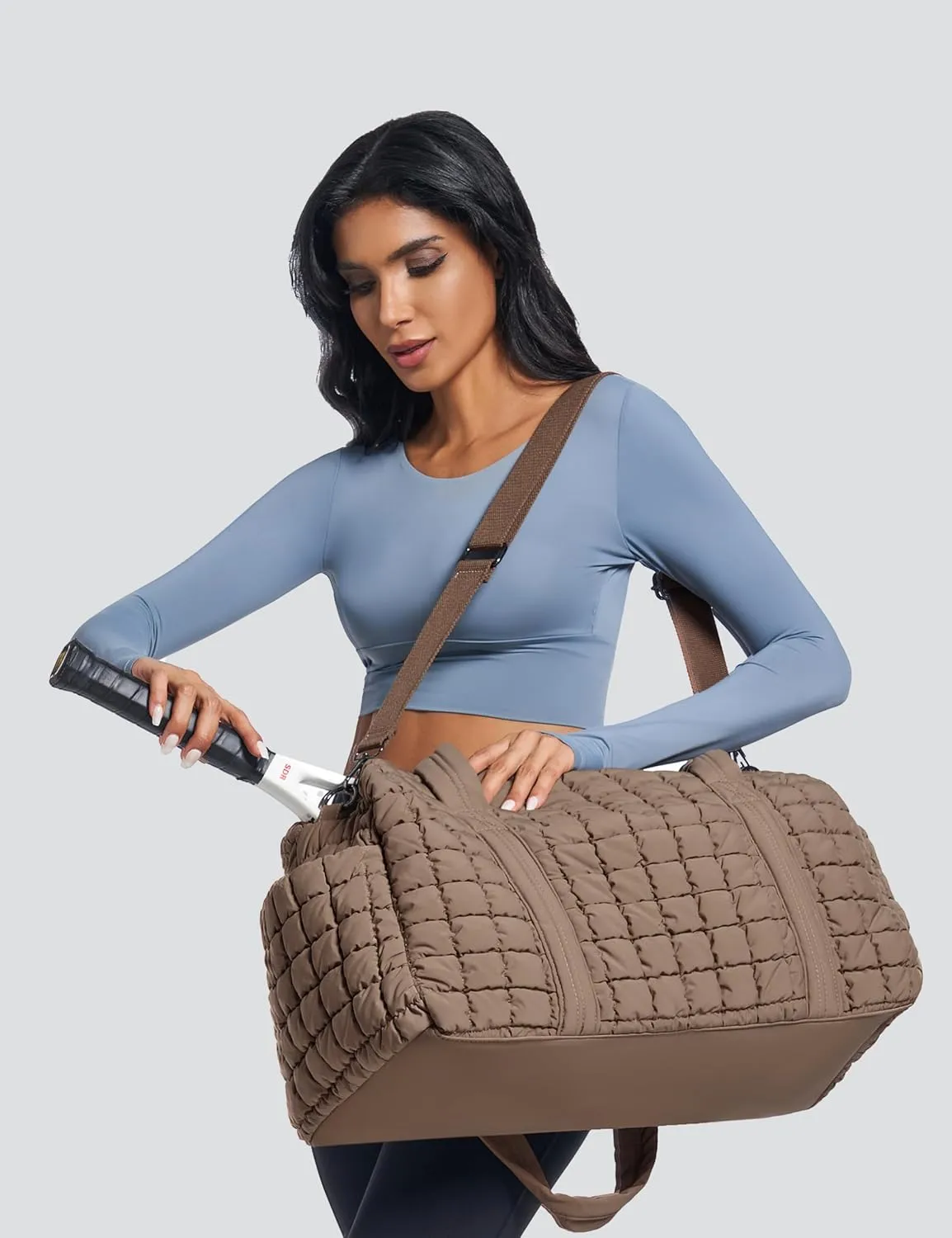 Quilted Travel Duffle Bag for Women Weekender Bag Large Puffer Overnight Bags Soft Puffy Duffel Bag Carry on Gym Bag Lightweight Personal Item Travel Bag for Trips Business Sport Airplane (Khaki)