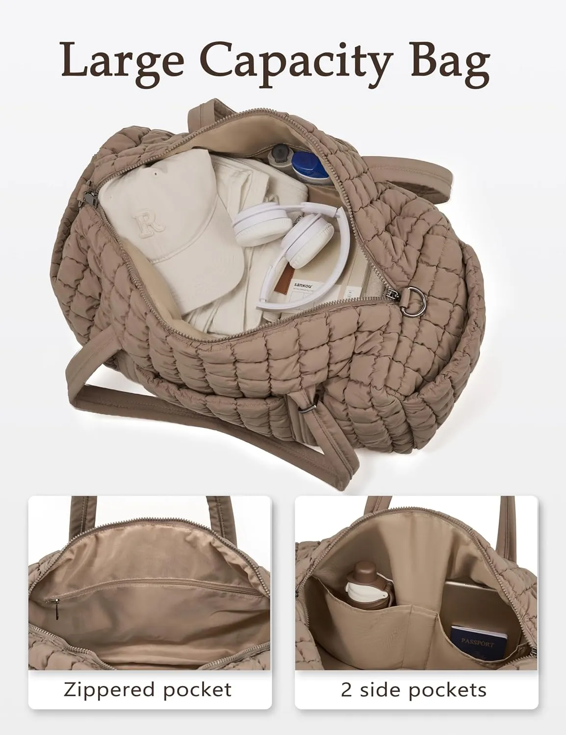 Quilted Travel Duffle Bag for Women Weekender Bag Large Puffer Overnight Bags Soft Puffy Duffel Bag Carry on Gym Bag Lightweight Personal Item Travel Bag for Trips Business Sport Airplane (Khaki)