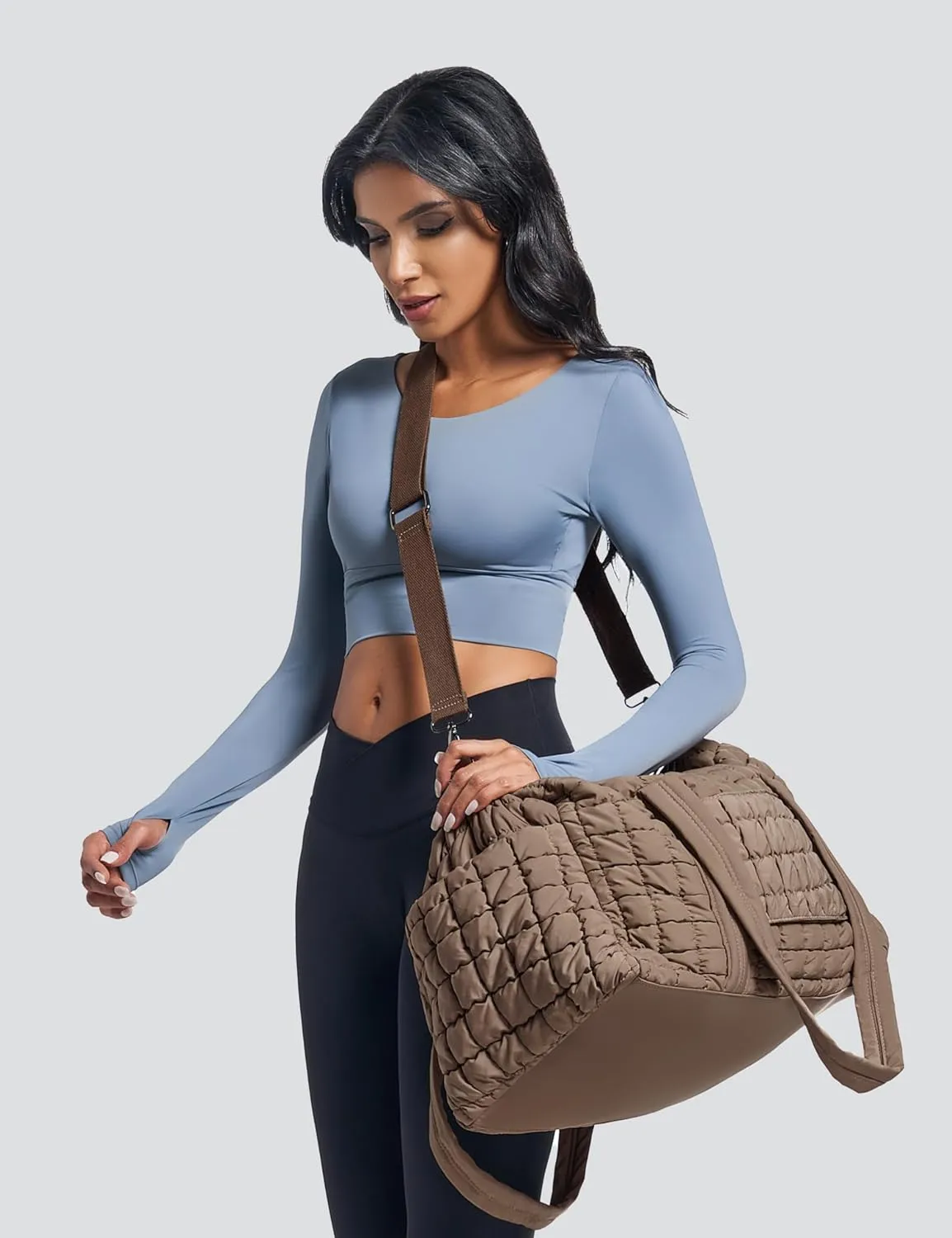 Quilted Travel Duffle Bag for Women Weekender Bag Large Puffer Overnight Bags Soft Puffy Duffel Bag Carry on Gym Bag Lightweight Personal Item Travel Bag for Trips Business Sport Airplane (Khaki)