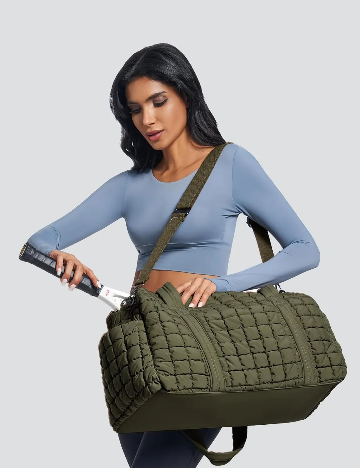 Quilted Travel Duffle Bag for Women Weekender Bag Large Puffer Overnight Bags Soft Puffy Duffel Bag Carry on Gym Bag Lightweight Personal Item Travel Bag for Trips Business Sport Airplane(Olive Green)