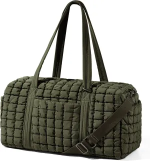 Quilted Travel Duffle Bag for Women Weekender Bag Large Puffer Overnight Bags Soft Puffy Duffel Bag Carry on Gym Bag Lightweight Personal Item Travel Bag for Trips Business Sport Airplane(Olive Green)