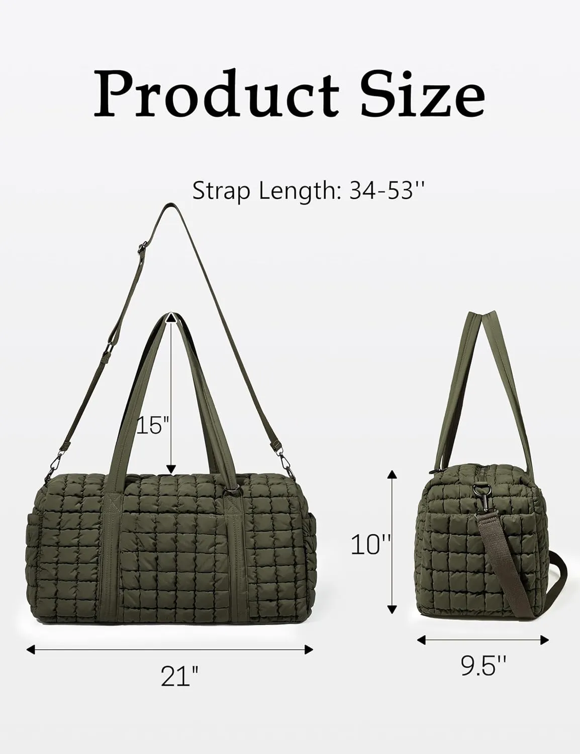 Quilted Travel Duffle Bag for Women Weekender Bag Large Puffer Overnight Bags Soft Puffy Duffel Bag Carry on Gym Bag Lightweight Personal Item Travel Bag for Trips Business Sport Airplane(Olive Green)