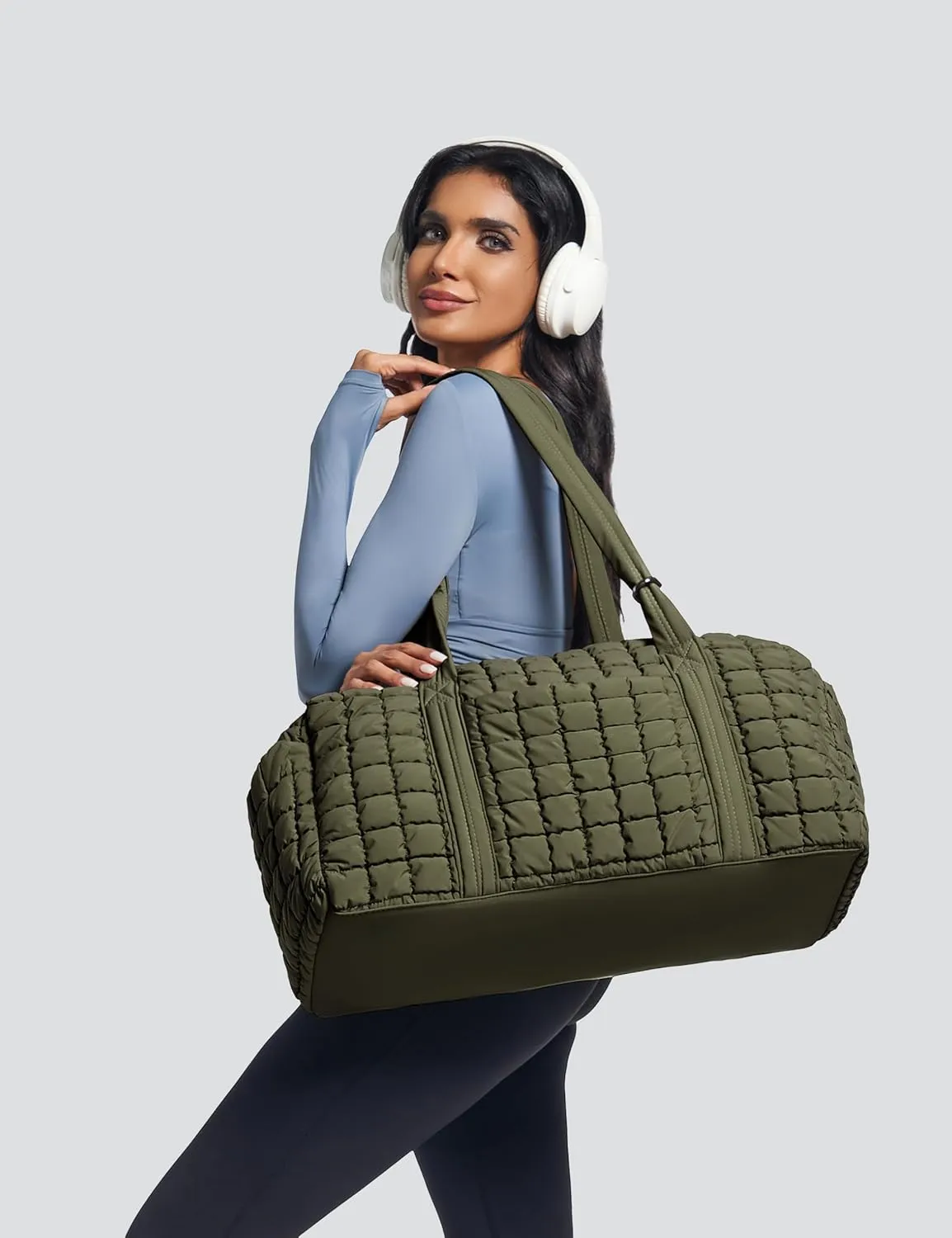 Quilted Travel Duffle Bag for Women Weekender Bag Large Puffer Overnight Bags Soft Puffy Duffel Bag Carry on Gym Bag Lightweight Personal Item Travel Bag for Trips Business Sport Airplane(Olive Green)