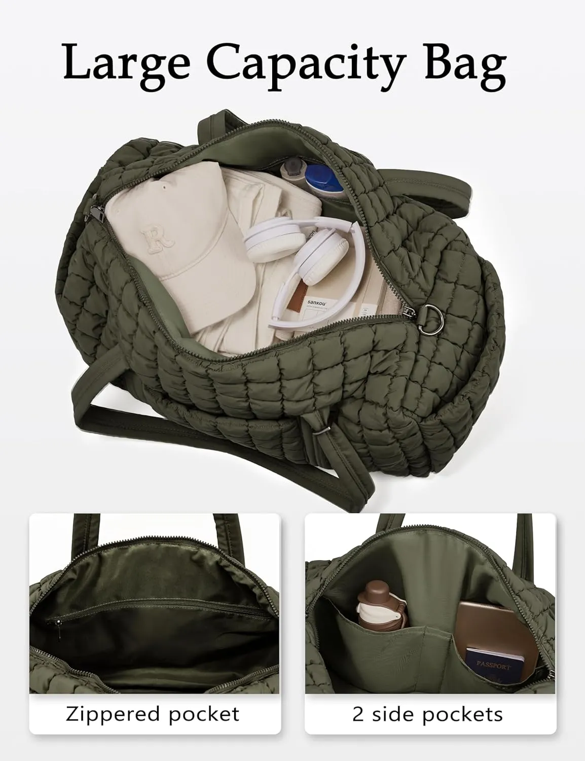 Quilted Travel Duffle Bag for Women Weekender Bag Large Puffer Overnight Bags Soft Puffy Duffel Bag Carry on Gym Bag Lightweight Personal Item Travel Bag for Trips Business Sport Airplane(Olive Green)