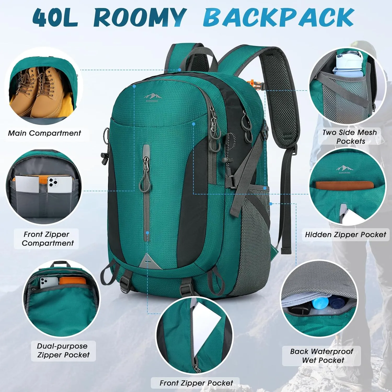 RAINSMORE Hiking Backpack 40L Lightweight Packable Camping Backpack Waterproof Travel Daypack Men Women Hiking Daypack