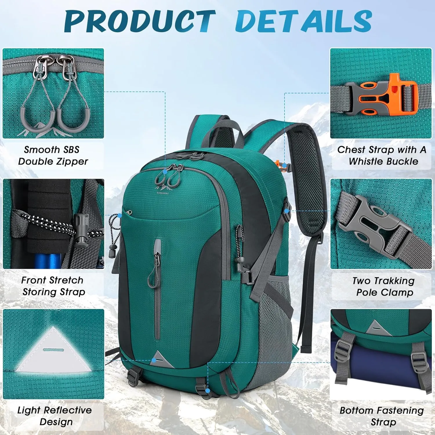 RAINSMORE Hiking Backpack 40L Lightweight Packable Camping Backpack Waterproof Travel Daypack Men Women Hiking Daypack