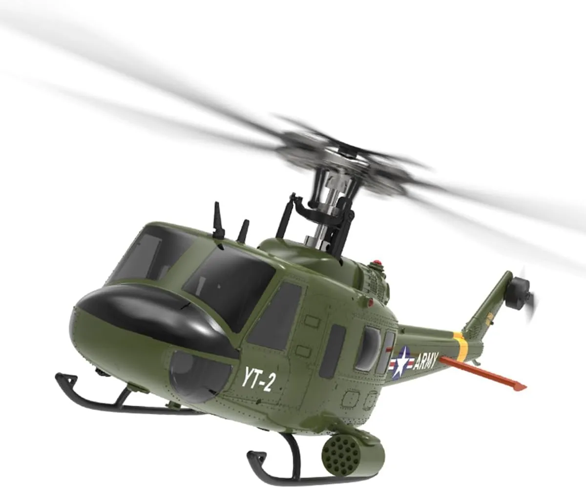 RC Military Helicopter for Adults, F07-V 1/34 Scale UH-1 Huey 2.4G 6CH Brushless Direct-Drive Flybarless Helicopter Model Mode 1/Mode 2 Switchable (RTF Version)