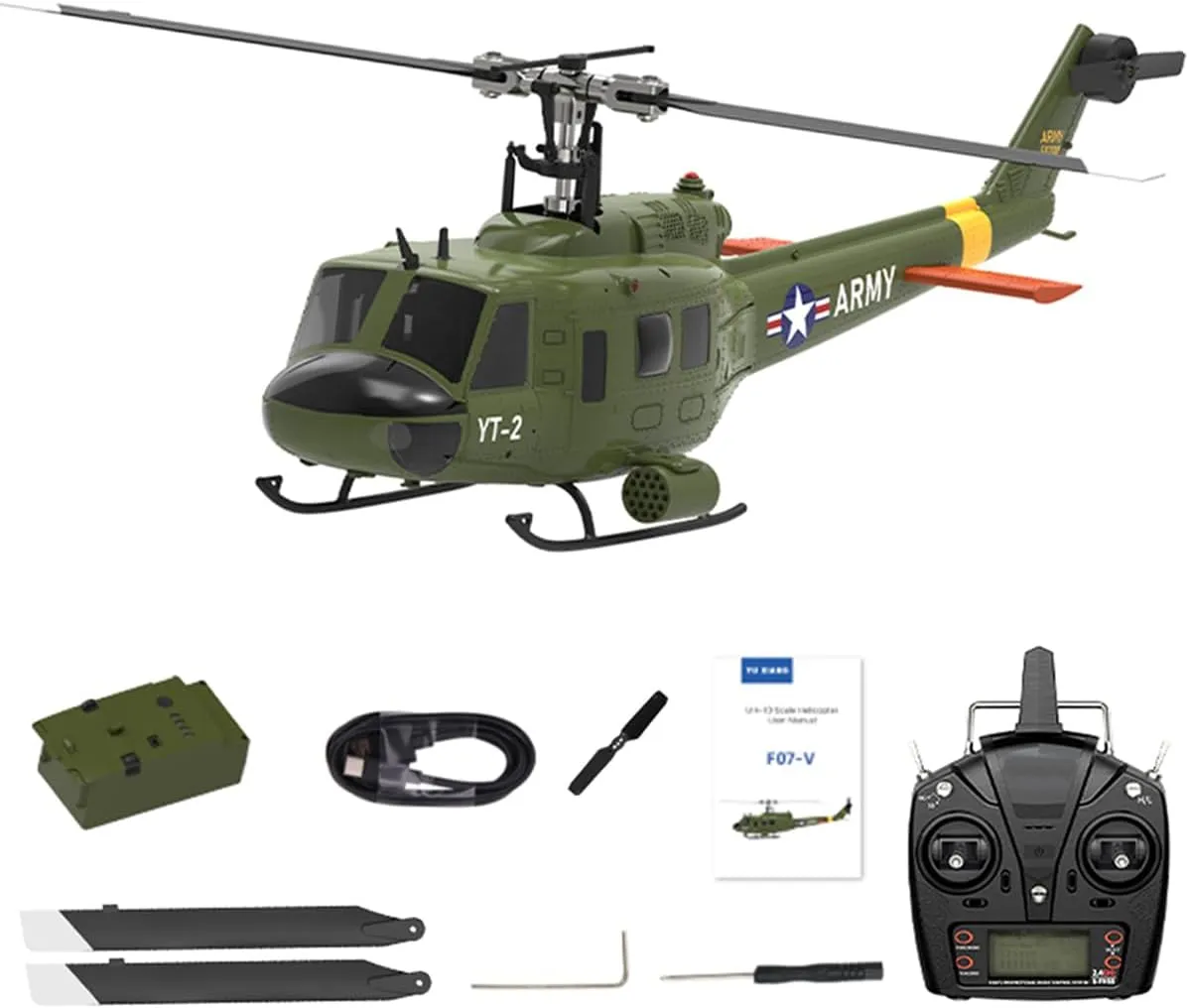 RC Military Helicopter for Adults, F07-V 1/34 Scale UH-1 Huey 2.4G 6CH Brushless Direct-Drive Flybarless Helicopter Model Mode 1/Mode 2 Switchable (RTF Version)