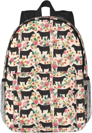 Red Flower Show Steer Cows Cattle Print Adult Lightweight 15in Backpack Travel Hiking Essentials Laptop Bag Day Backpacks