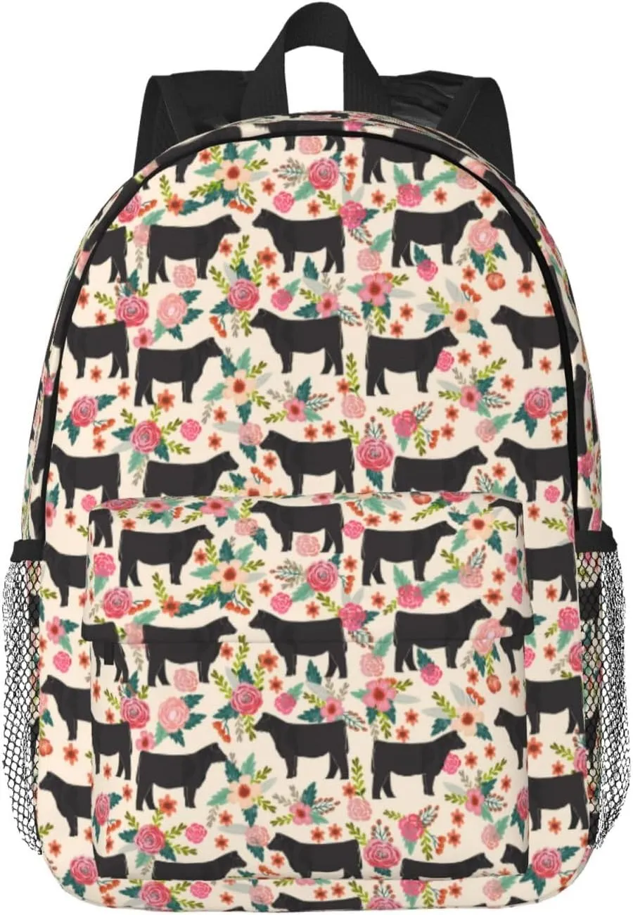 Red Flower Show Steer Cows Cattle Print Adult Lightweight 15in Backpack Travel Hiking Essentials Laptop Bag Day Backpacks
