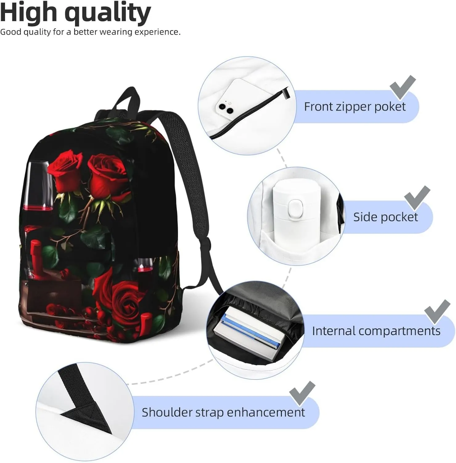 Red Rose and Wine Romantic Lovers Decor print Duffel Bag, Lightweight Duffel Bag, Casual Backpack, 17.7 x 6.3 x 12.2 inches