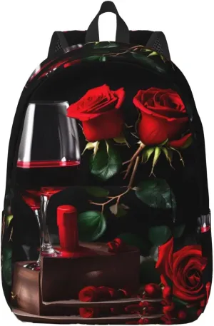 Red Rose and Wine Romantic Lovers Decor print Duffel Bag, Lightweight Duffel Bag, Casual Backpack, 17.7 x 6.3 x 12.2 inches