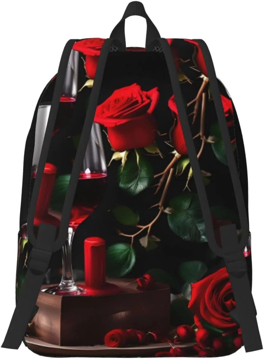 Red Rose and Wine Romantic Lovers Decor print Duffel Bag, Lightweight Duffel Bag, Casual Backpack, 17.7 x 6.3 x 12.2 inches