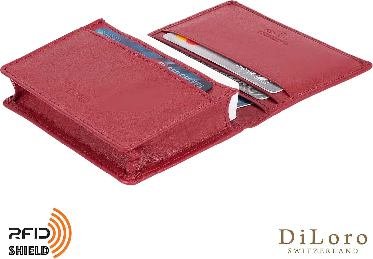 RFID Leather Wallet for Men or Women Travel Bifold Card Holder Full Grain Cow Nappa 4"x3" Expandable to 1" Thick (Red Nappa)
