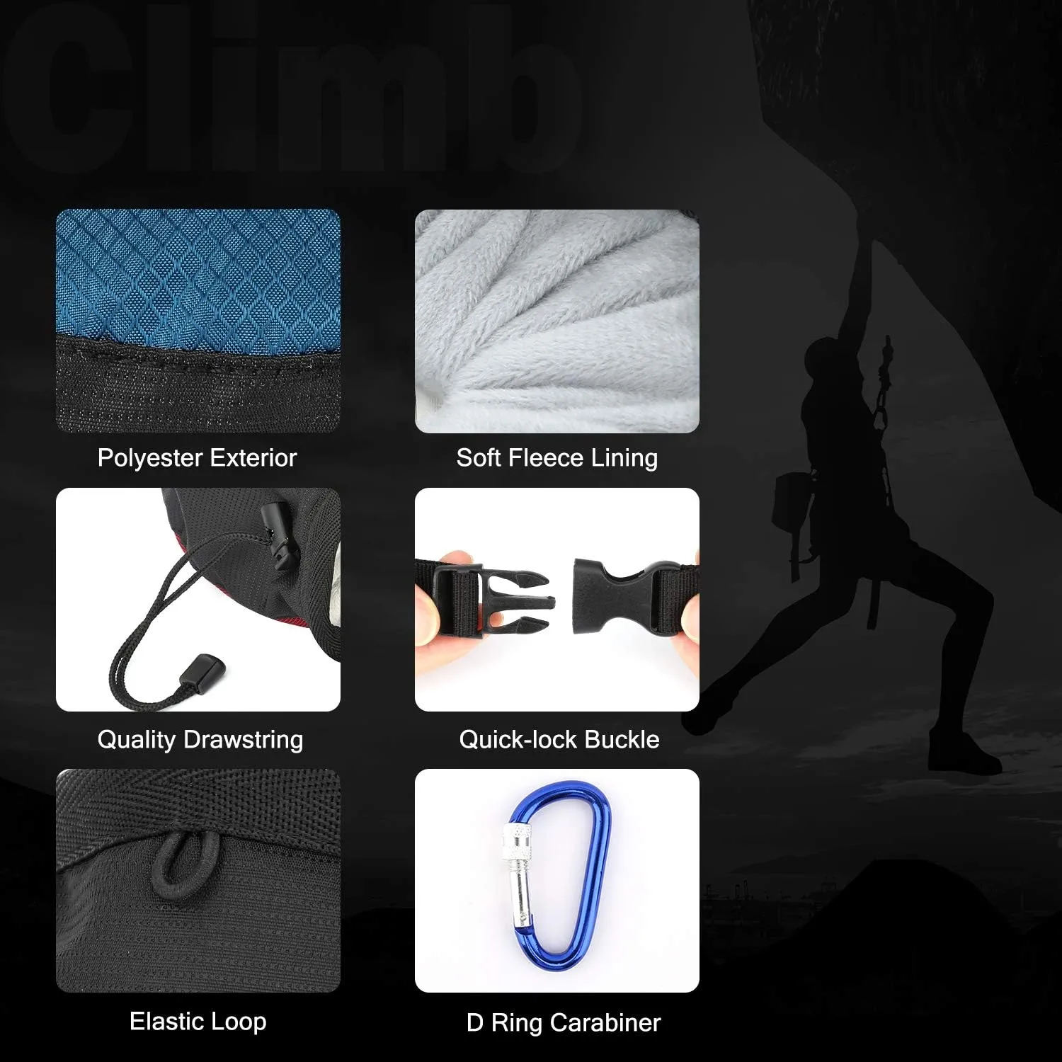 Rhino Valley Climbing Chalk Bag, No Leak Drawstring Chalk Bag with Adjustable Belt, Carabiner Clip and Zippered Pockets Chalk Bag for Climbing, Cross Fit, Weight Lifting & More