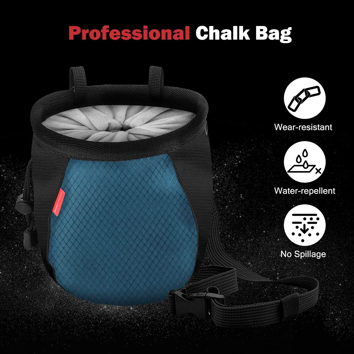 Rhino Valley Climbing Chalk Bag, No Leak Drawstring Chalk Bag with Adjustable Belt, Carabiner Clip and Zippered Pockets Chalk Bag for Climbing, Cross Fit, Weight Lifting & More
