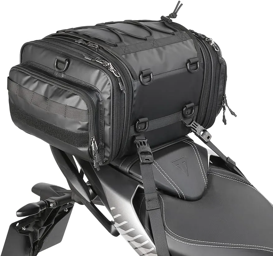 Rhinowalk Motorcycle Tail Bag Expandable Motorcycle Travel Luggage 26L Waterproof All Weather/Trunk/Rack Bag with Sissy Bar Straps-Black