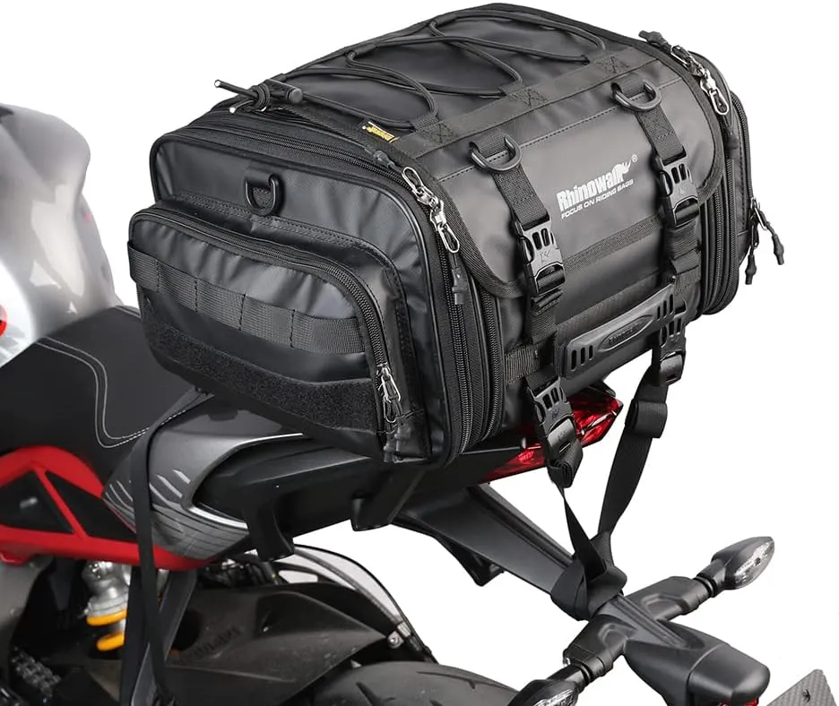 Rhinowalk Motorcycle Tail Bag Expandable Motorcycle Travel Luggage 26L Waterproof All Weather/Trunk/Rack Bag with Sissy Bar Straps-Black