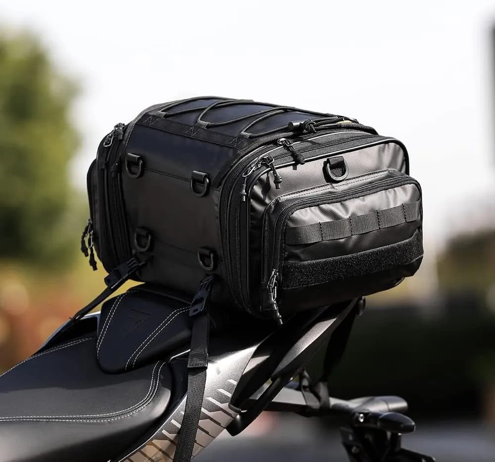 Rhinowalk Motorcycle Tail Bag Expandable Motorcycle Travel Luggage 26L Waterproof All Weather/Trunk/Rack Bag with Sissy Bar Straps-Black