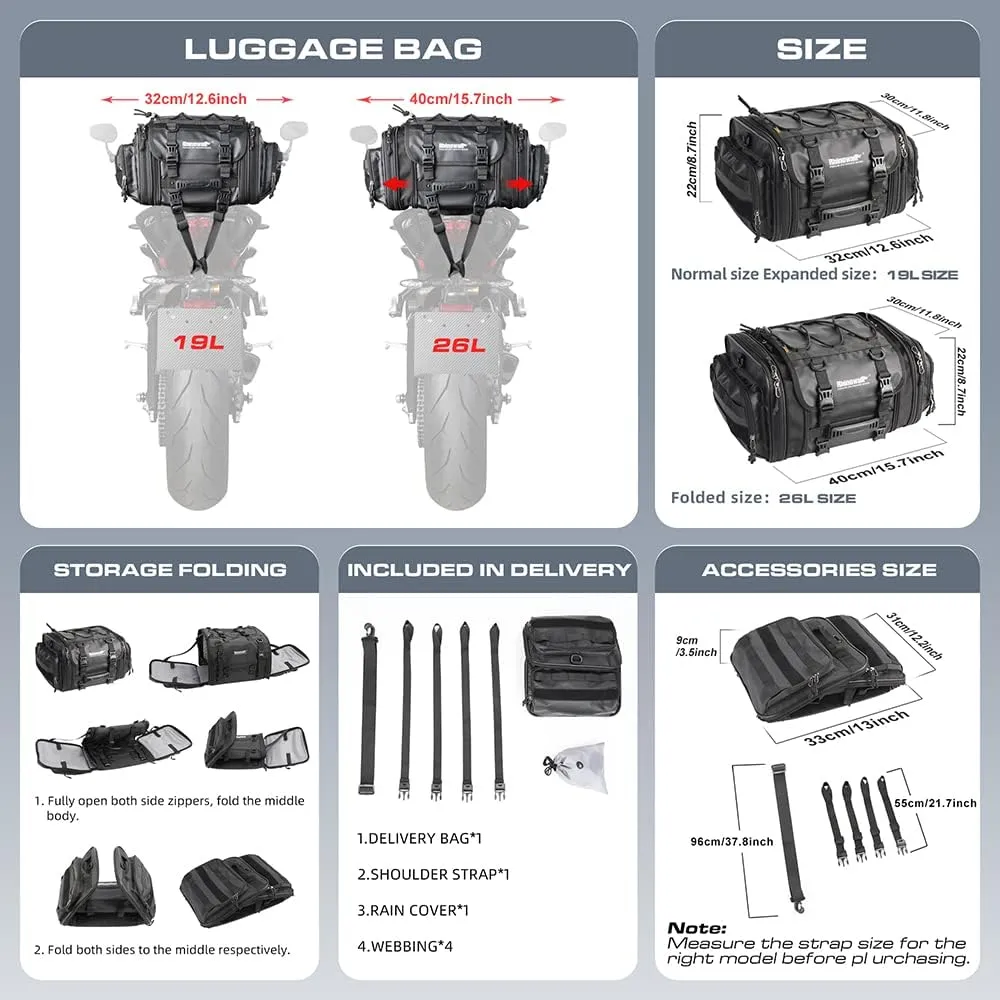 Rhinowalk Motorcycle Tail Bag Expandable Motorcycle Travel Luggage 26L Waterproof All Weather/Trunk/Rack Bag with Sissy Bar Straps-Black