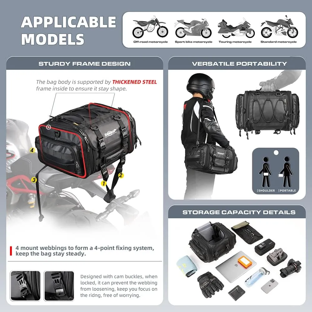 Rhinowalk Motorcycle Tail Bag Expandable Motorcycle Travel Luggage 26L Waterproof All Weather/Trunk/Rack Bag with Sissy Bar Straps-Black