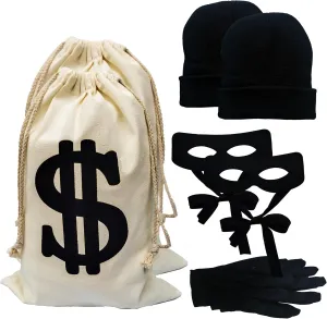 Robber Costume Set - Mask, Money Bag, Knitted Hat, Gloves for Cops and Robbers, Burglar Mask, Halloween Costume