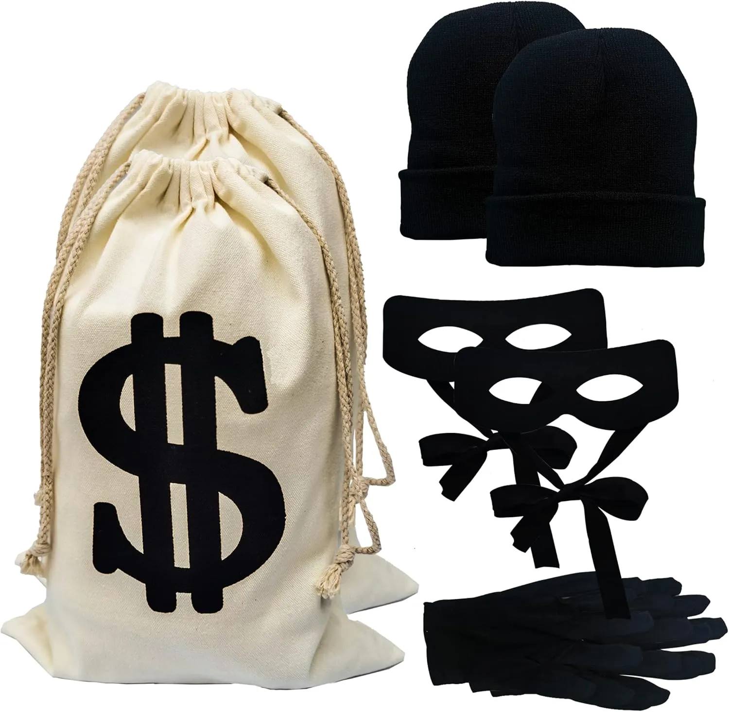 Robber Costume Set - Mask, Money Bag, Knitted Hat, Gloves for Cops and Robbers, Burglar Mask, Halloween Costume