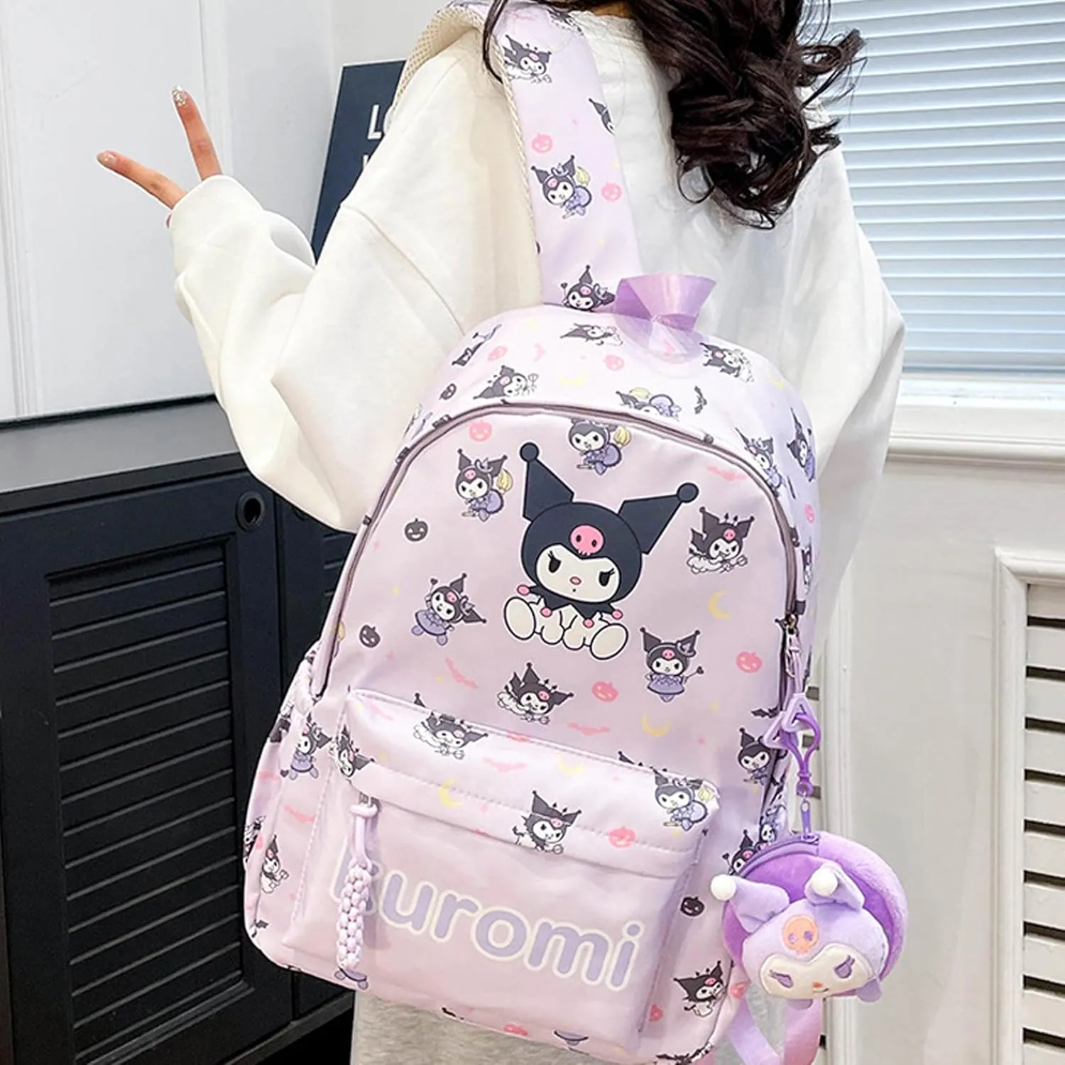 Roffatide Anime All Over Print Casual Backpack Laptop Backpack Travel Hiking Rucksack Zipper Backpack Purple