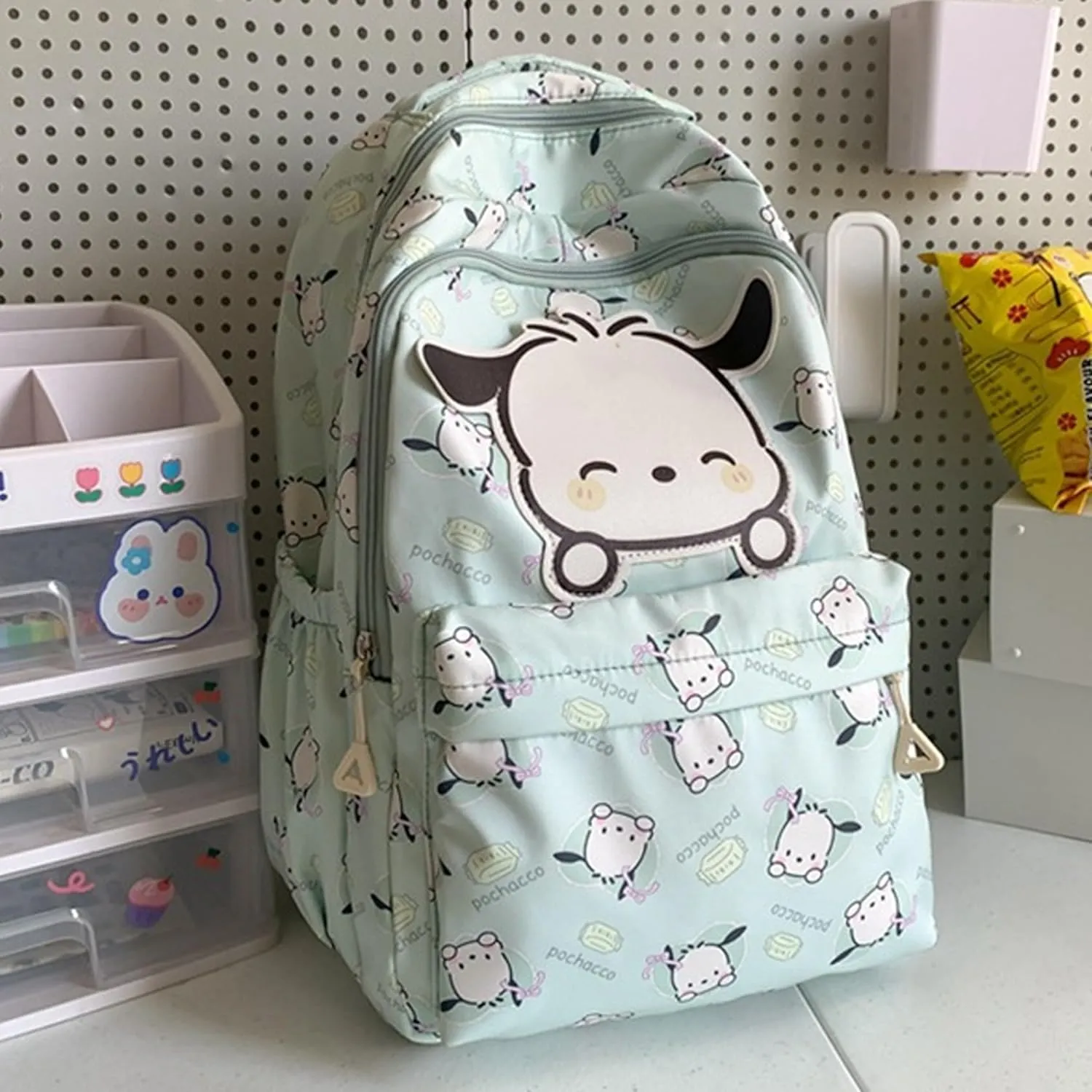 Roffatide Anime Pochacco All Over Print Casual Backpack Laptop Backpack Travel Hiking Rucksack Green