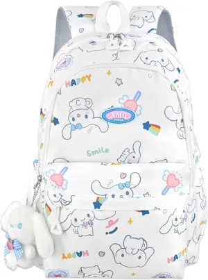 Roffatide Cartoon Cinnamoroll All Over Print Casual Backpack Laptop Backpack Bike Travel Hiking Rucksack Daypack White (With Cute Pendant)
