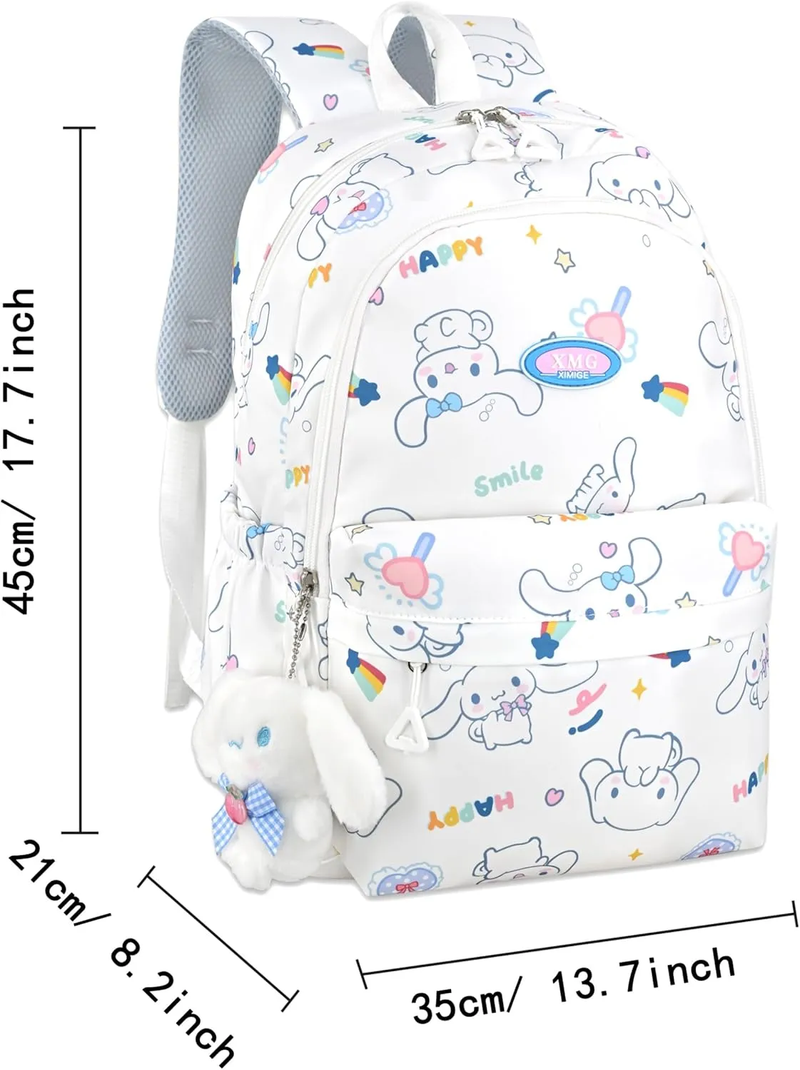 Roffatide Cartoon Cinnamoroll All Over Print Casual Backpack Laptop Backpack Bike Travel Hiking Rucksack Daypack White (With Cute Pendant)