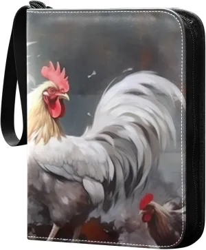 Rooster Painting Collectible Trading Card Albums,4-Pocket Card Binder with 50 Removable Sleeves with Zipper Game Card Collection Binder Album Holder
