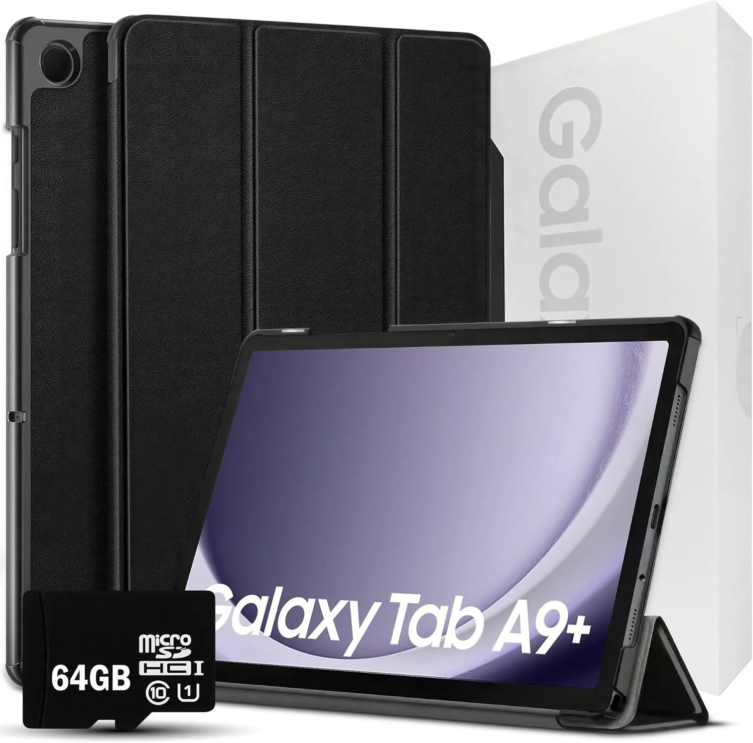 SAMSUNG 2024 Galaxy Tab A9  11” 64GB | Android 13 WiFi Touchscreen International | Big Screen, Quad Speakers, Slim | Tablet Bundle - Hard Back Trifold Stand Case   64GB SD Card (Grey) | MdTec