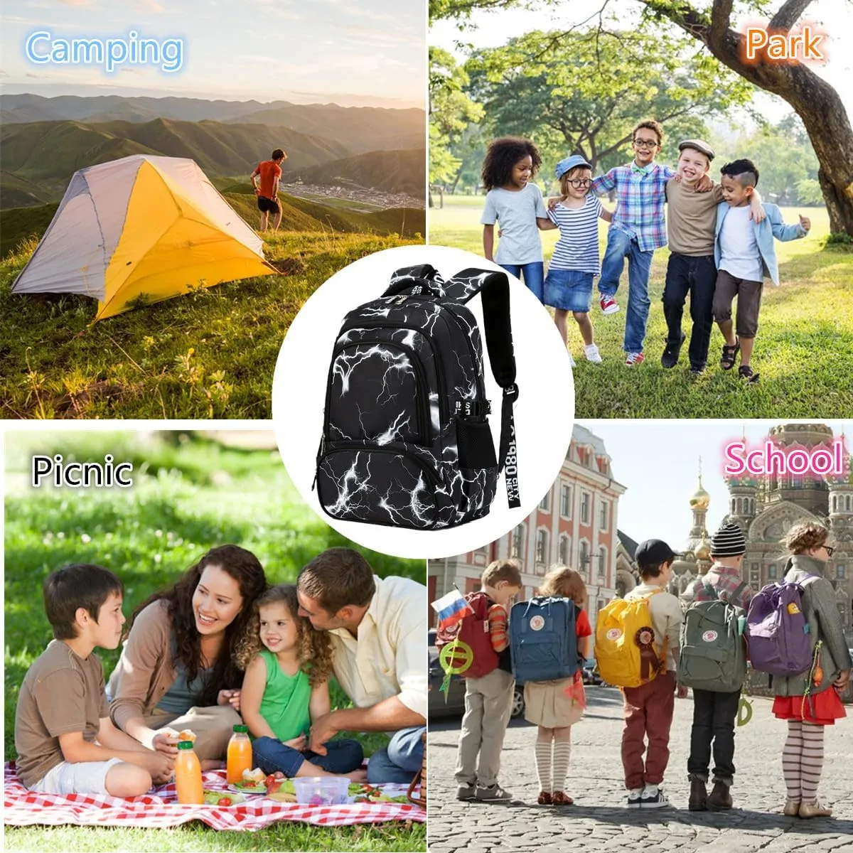 School Backpack Casual Daypack Travel Outdoor Camouflage Backpack Christmas Presents for Boys and Girls (AY Lighting Black)
