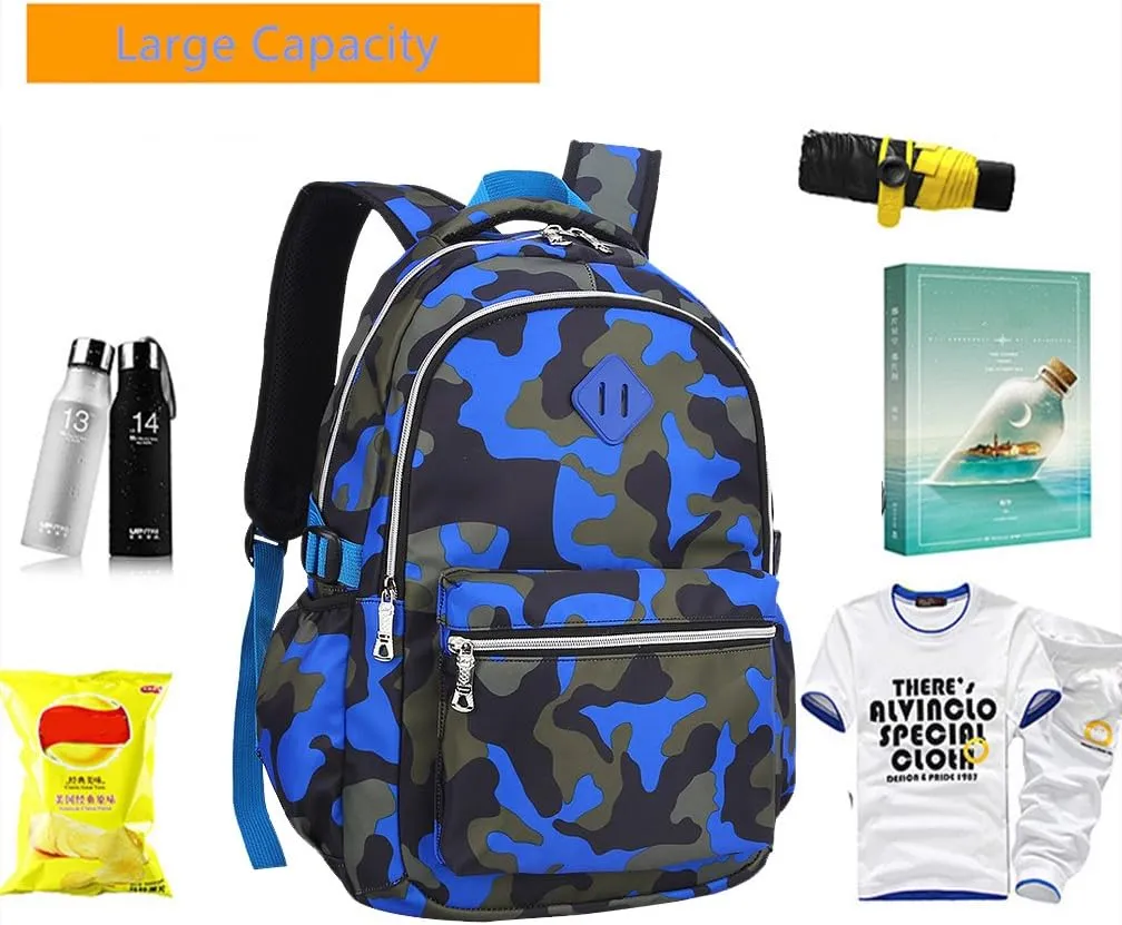 School Backpack Casual Daypack Travel Outdoor Camouflage Backpack Christmas Presents for Boys and Girls (Camo Blue)
