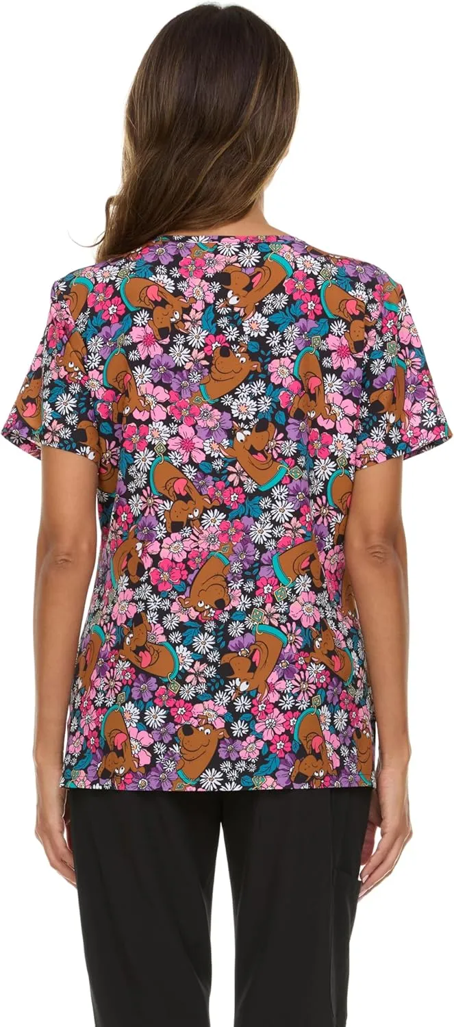 Scooby-Doo Women's All Over Print, V-Neck Scrub Top with Pockets - Comfortable Work Uniform