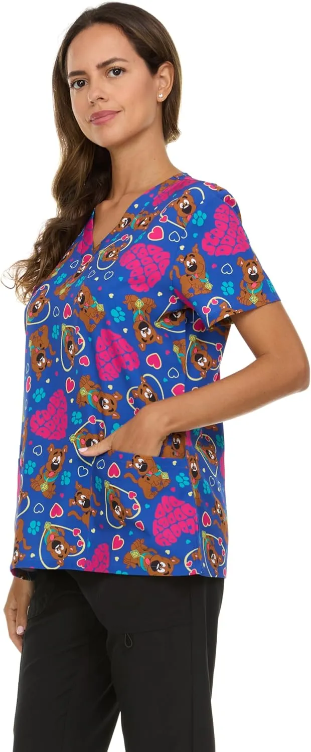 Scooby-Doo Women's All Over Print, V-Neck Scrub Top with Pockets - Comfortable Work Uniform