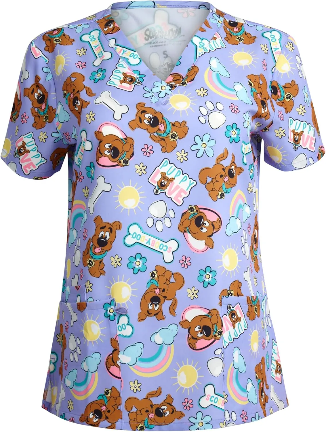 Scooby-Doo Women's All Over Print, V-Neck Scrub Top with Pockets - Comfortable Work Uniform