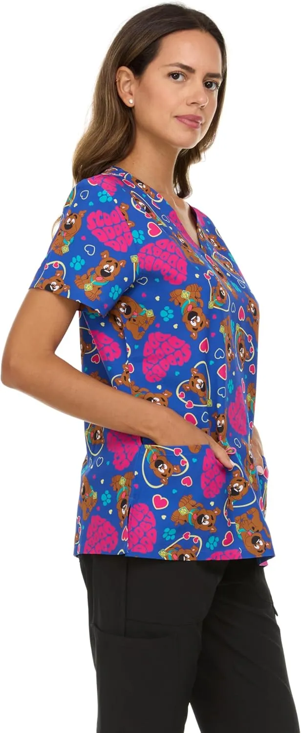 Scooby-Doo Women's All Over Print, V-Neck Scrub Top with Pockets - Comfortable Work Uniform