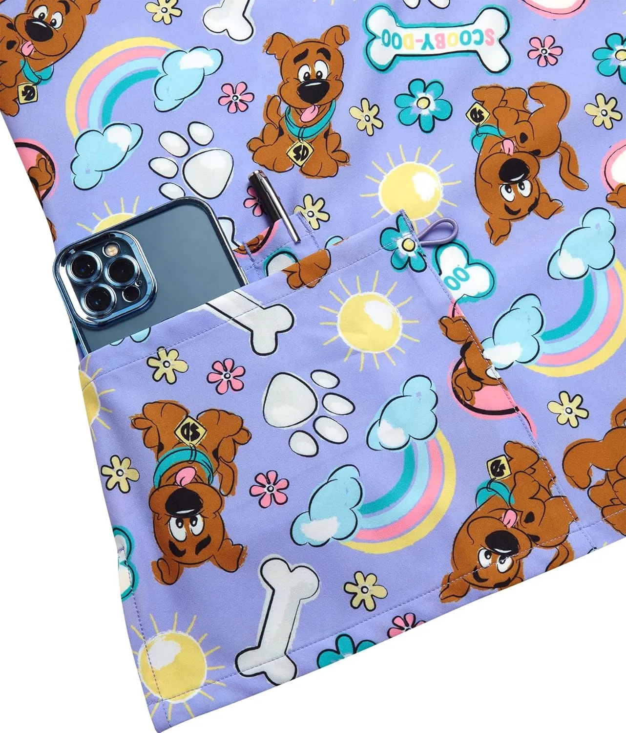 Scooby-Doo Women's All Over Print, V-Neck Scrub Top with Pockets - Comfortable Work Uniform