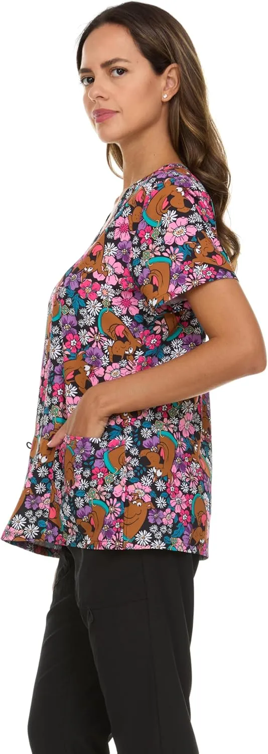 Scooby-Doo Women's All Over Print, V-Neck Scrub Top with Pockets - Comfortable Work Uniform