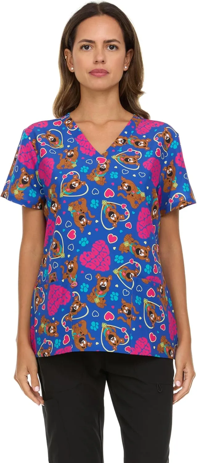 Scooby-Doo Women's All Over Print, V-Neck Scrub Top with Pockets - Comfortable Work Uniform