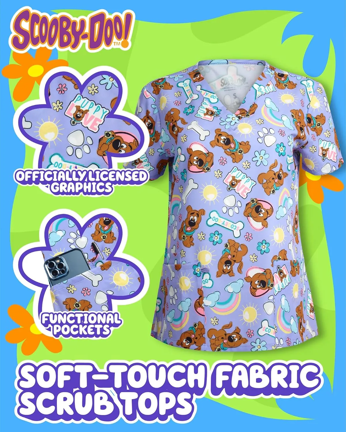 Scooby-Doo Women's All Over Print, V-Neck Scrub Top with Pockets - Comfortable Work Uniform