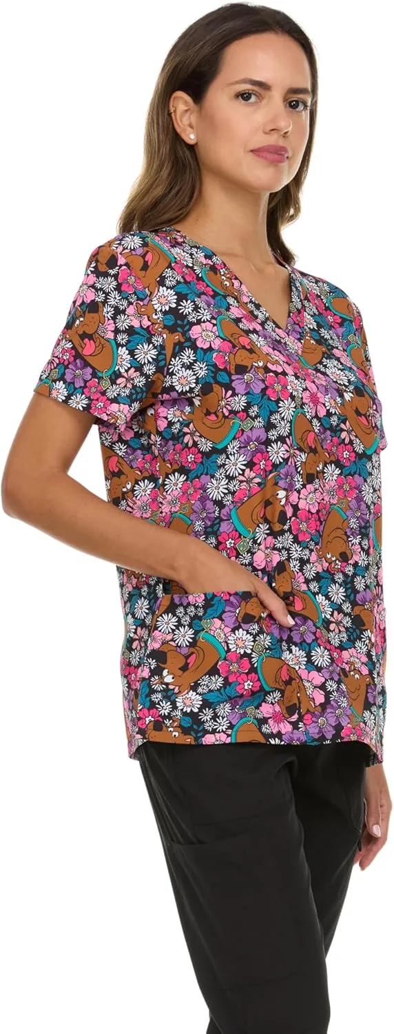 Scooby-Doo Women's All Over Print, V-Neck Scrub Top with Pockets - Comfortable Work Uniform