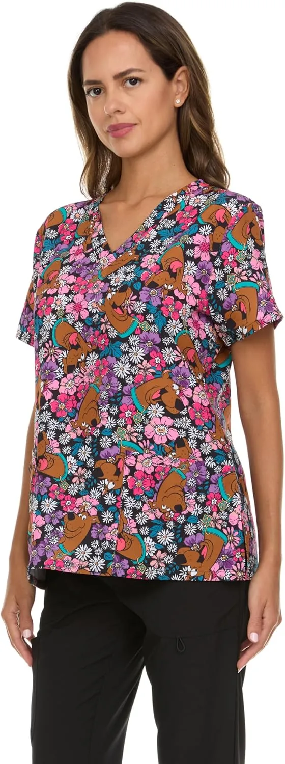 Scooby-Doo Women's All Over Print, V-Neck Scrub Top with Pockets - Comfortable Work Uniform