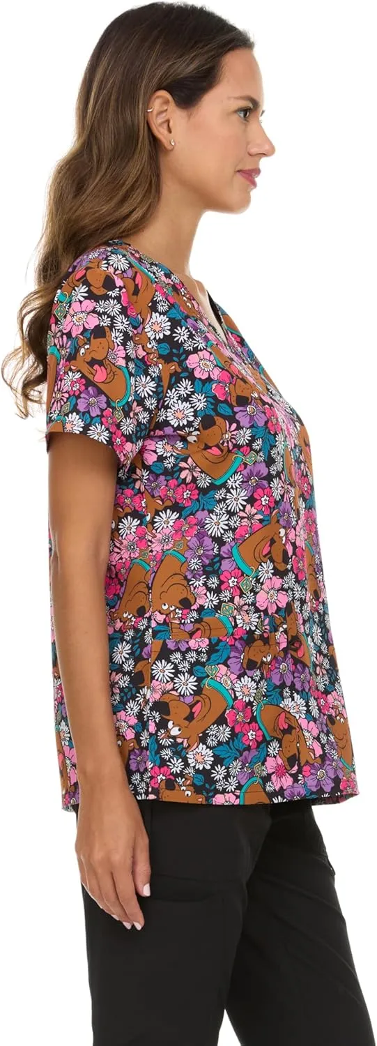 Scooby-Doo Women's All Over Print, V-Neck Scrub Top with Pockets - Comfortable Work Uniform