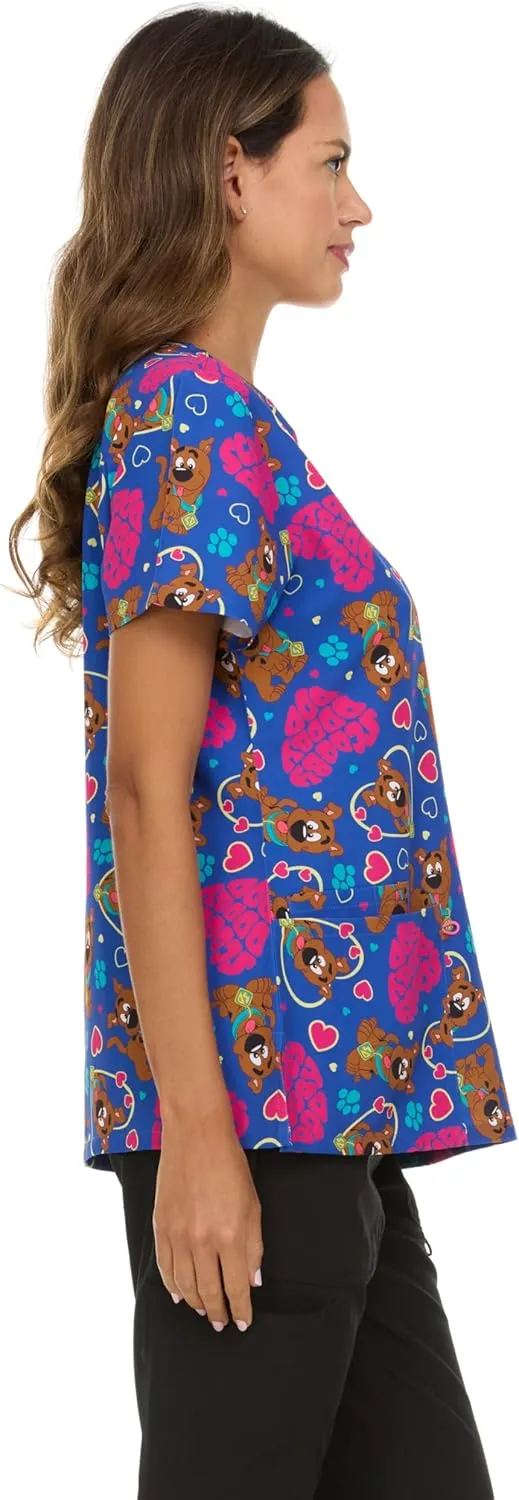 Scooby-Doo Women's All Over Print, V-Neck Scrub Top with Pockets - Comfortable Work Uniform