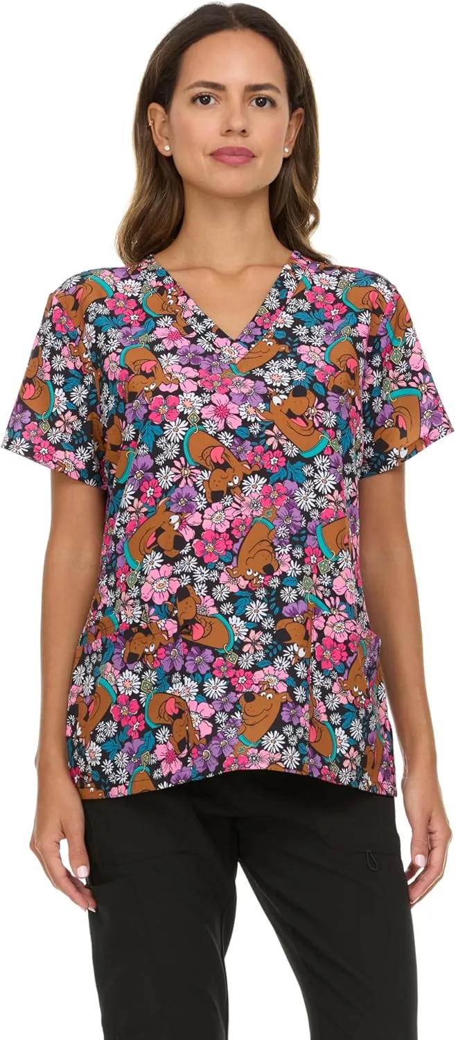 Scooby-Doo Women's All Over Print, V-Neck Scrub Top with Pockets - Comfortable Work Uniform